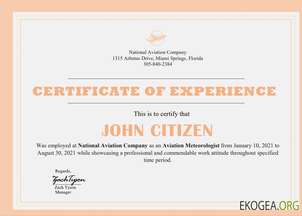 Certificat d'expérience en entreprise aux États Unis